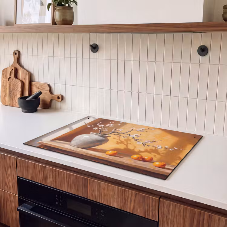 Induction Hob Cover & Splashback (2-in-1) - White Flowers - Still Life - Witte bloemen - Stilleven Inductie beschemer met haakjes klein