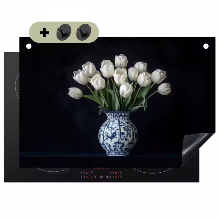 Wit - Bloemen - Tulpen - Vaas Inductie beschemer met haakjes klein -3d