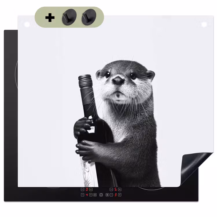 Wijnfles - Otter - Zwart Inductie beschemer met haakjes middel -3d