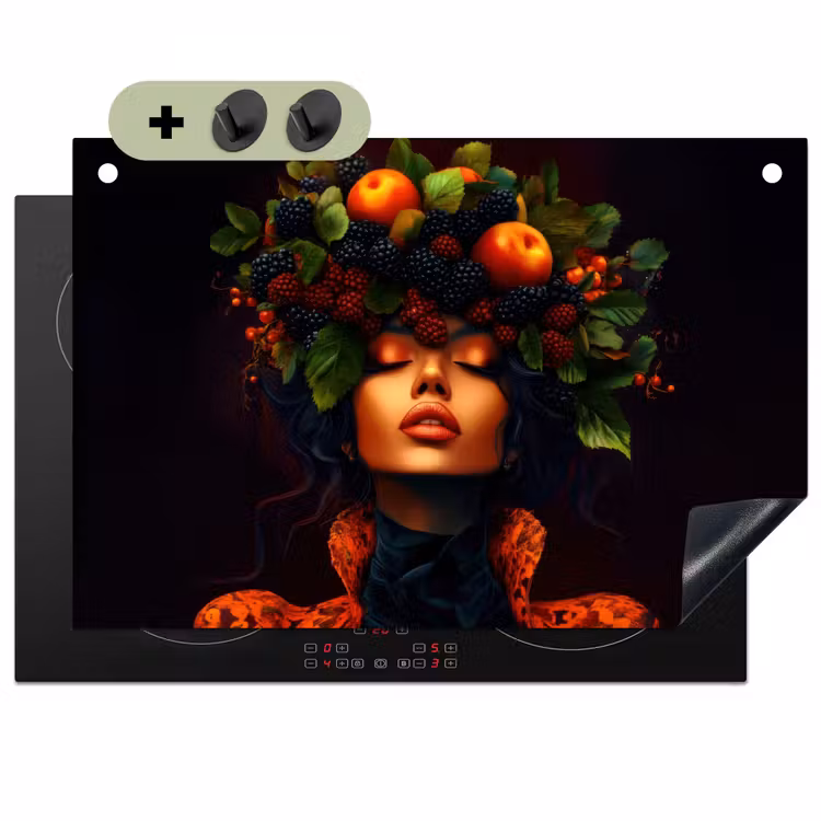 Vrouw - Zwart - Bessen - Bramen - Appels Inductie beschemer met haakjes klein -3d