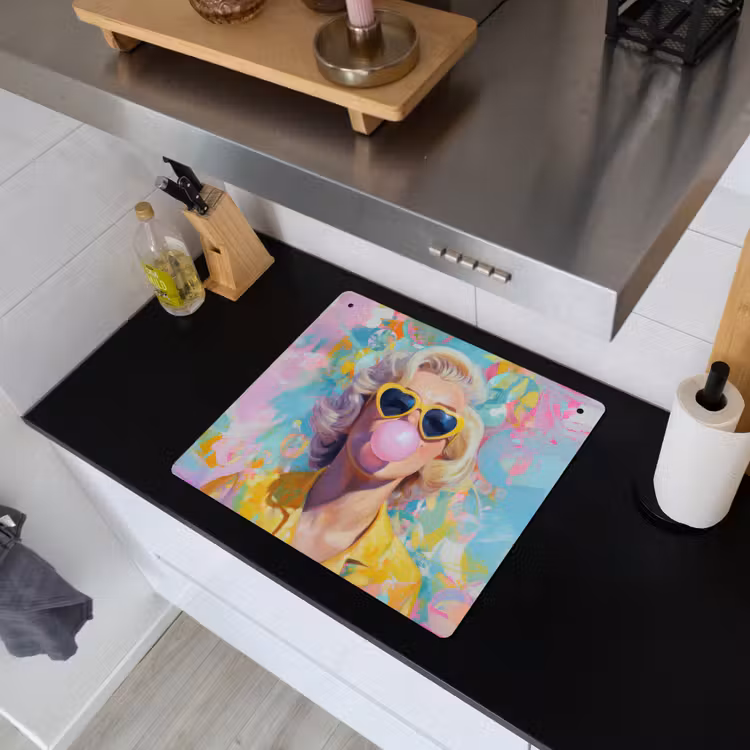 Vrouw - Blond - Roze kauwgom - Kleurrijk - Pastel Inductie beschemer met haakjes middel -sfeer1