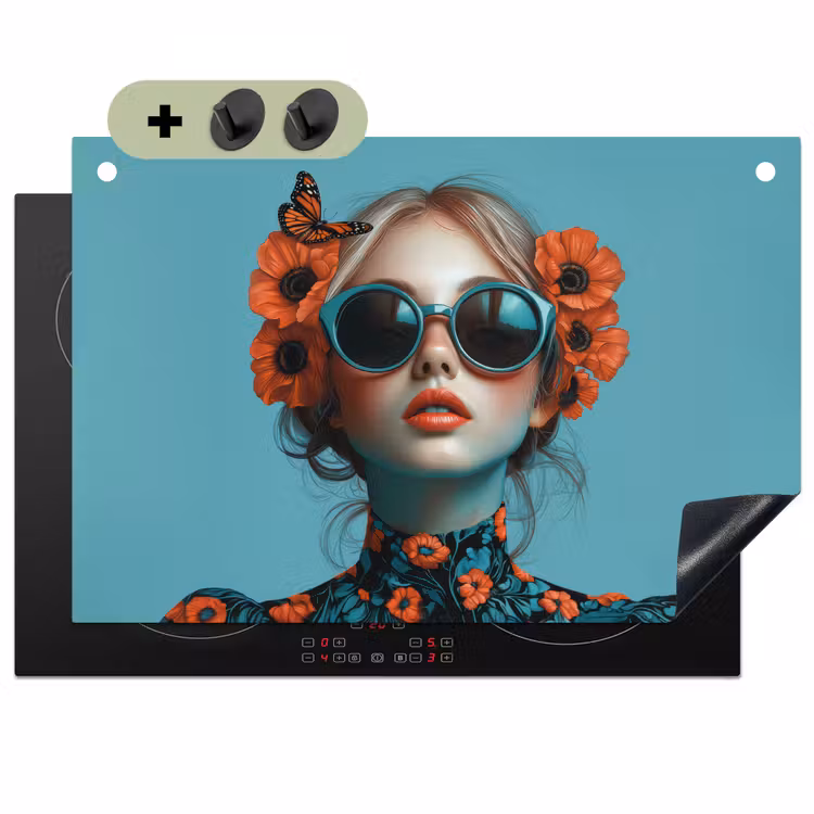 Vrouw - Blauw - Vlinder - Bloemen - Aesthetic Inductie beschemer met haakjes klein -3d