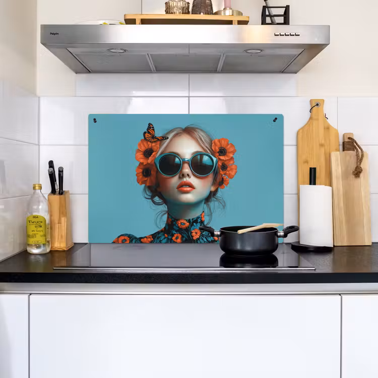Vrouw - Blauw - Vlinder - Bloemen - Aesthetic Inductie beschemer met haakjes klein -sfeer2