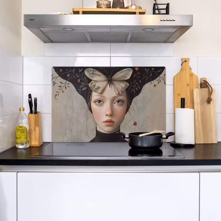 Woman - Butterfly - Art - Classic - Muted Inductie beschemer met haakjes klein -sfeer2