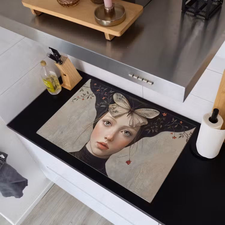 Woman - Butterfly - Art - Classic - Muted Inductie beschemer met haakjes klein -sfeer1