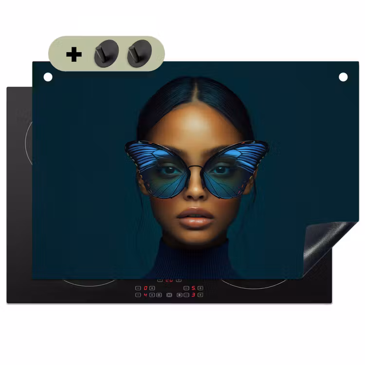 Vrouw - Vlinder - Bril - Blauw - Modern - Portret Inductie beschemer met haakjes klein -3d