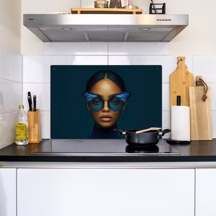 Vrouw - Vlinder - Bril - Blauw - Modern - Portret Inductie beschemer met haakjes klein -sfeer2