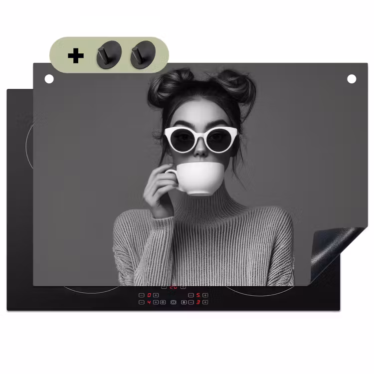Vrouw - Koffie - Zwart - Wit Inductie beschemer met haakjes klein -3d