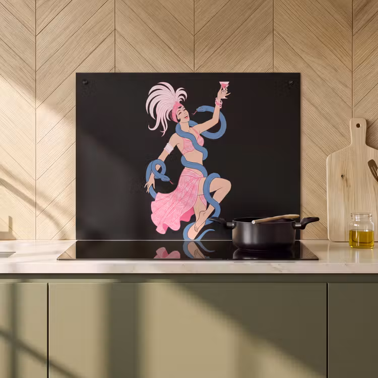 Vrouw - Danseres - Slangen - Art Deco - Roze Inductie beschemer met haakjes klein -sfeer2