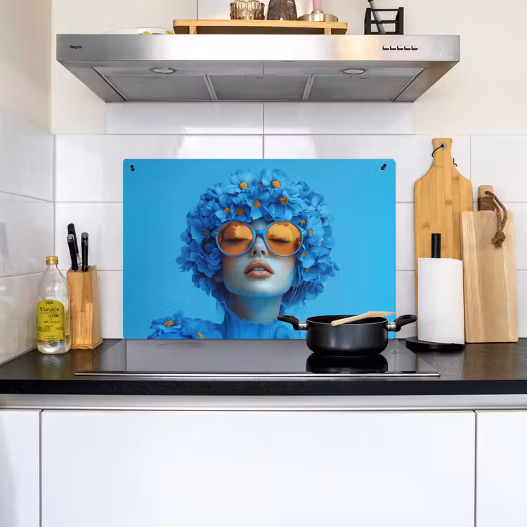 Vrouw - Bloem - Blauw - Modern - Bril - Portret Inductie beschemer met haakjes klein -sfeer2