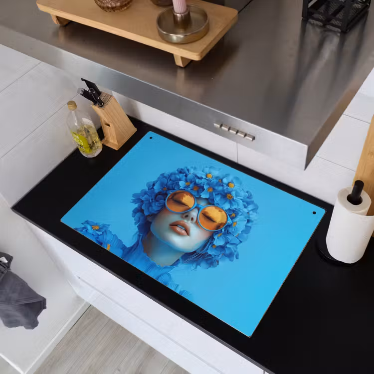 Vrouw - Bloem - Blauw - Modern - Bril - Portret Inductie beschemer met haakjes klein -sfeer1