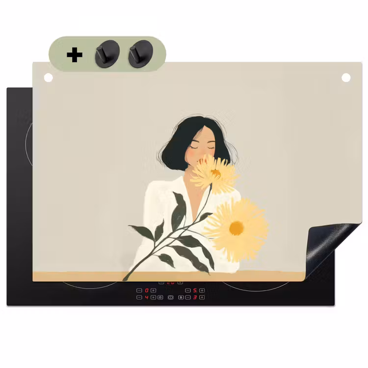 Vrouw - Bloem - Geel - Minimalistisch Inductie beschemer met haakjes klein -3d