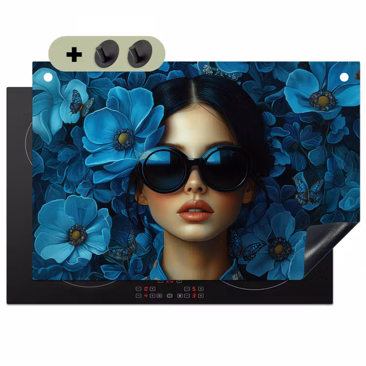 Vrouw - Bloemen - Blauw - Aesthetic - Luxe Inductie beschemer met haakjes klein -3d