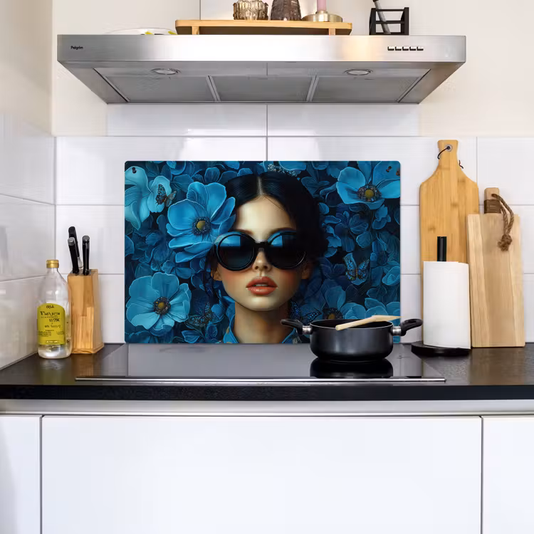 Vrouw - Bloemen - Blauw - Aesthetic - Luxe Inductie beschemer met haakjes klein -sfeer2