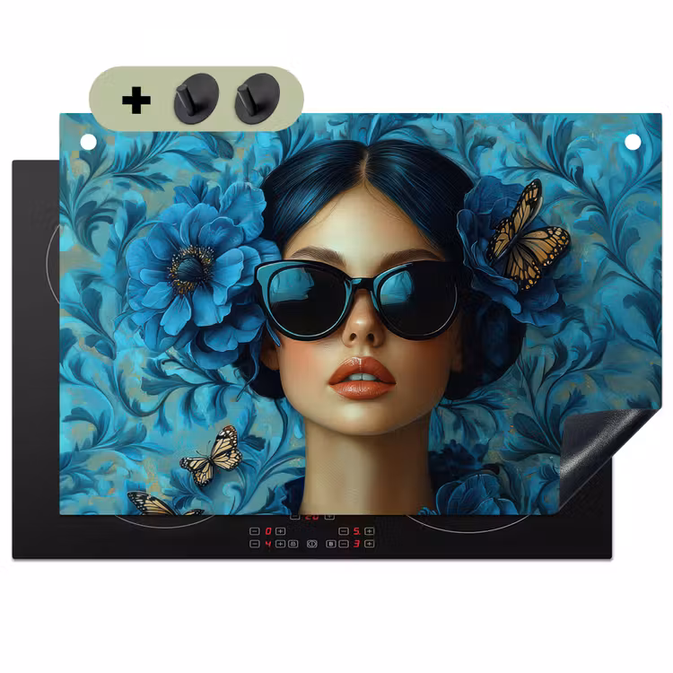 Vrouw - Bloemen - Vlinders - Blauw - Abstract Inductie beschemer met haakjes klein -3d