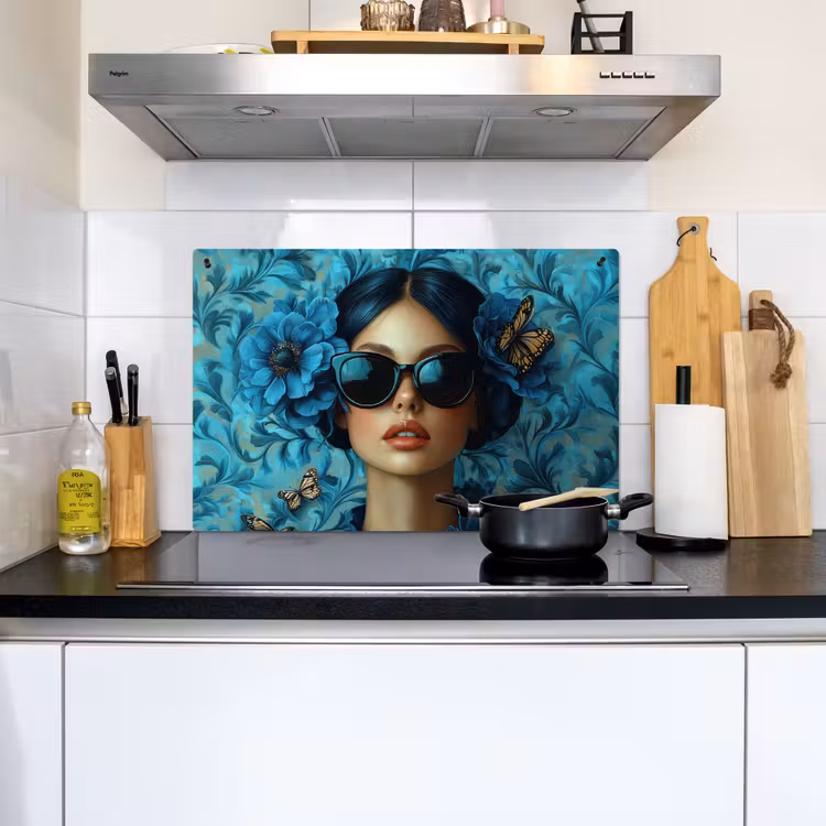 Vrouw - Bloemen - Vlinders - Blauw - Abstract Inductie beschemer met haakjes klein -sfeer2