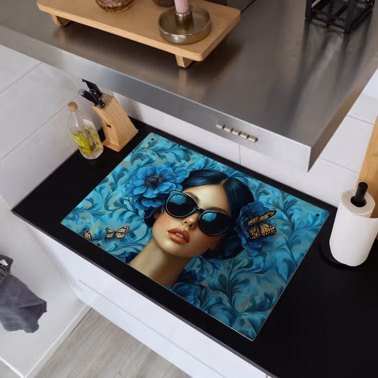 Vrouw - Bloemen - Vlinders - Blauw - Abstract Inductie beschemer met haakjes klein -sfeer1