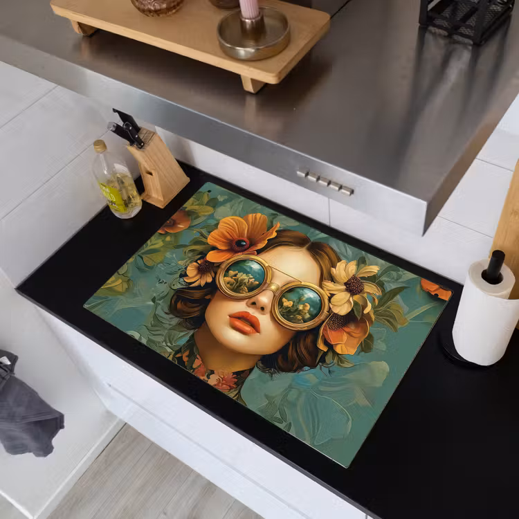 Vrouw - Bloemen - Vlinders - Natuur - Vintage Inductie beschemer met haakjes klein -sfeer1