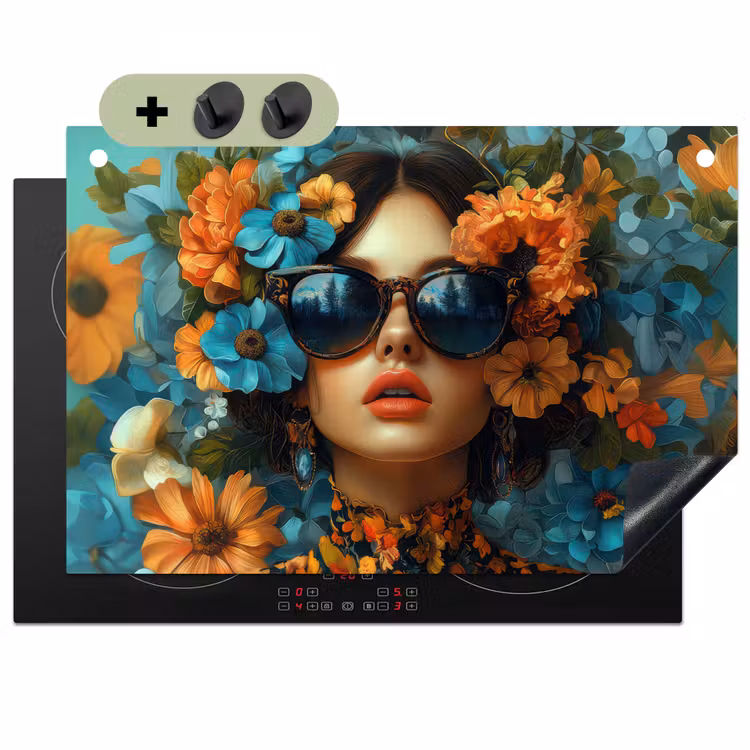 Vrouw - Bloemen - Oranje - Blauw - Modern Inductie beschemer met haakjes klein -3d