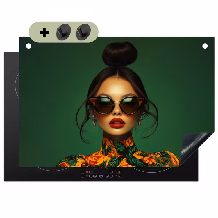 Vrouw - Groen - Modern - Bril - Abstract Inductie beschemer met haakjes klein -3d