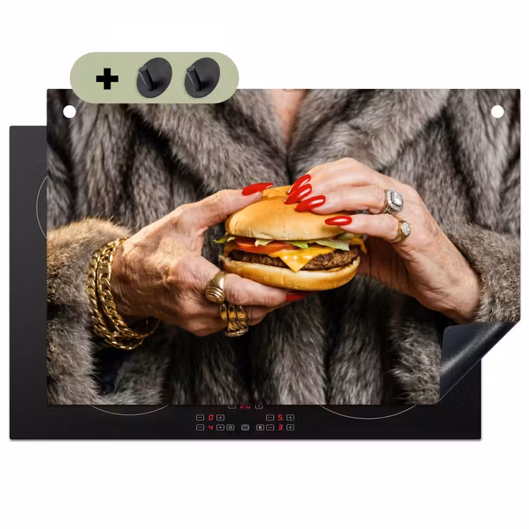 Vrouw - Hamburger - Bontjas Inductie beschemer met haakjes klein -3d