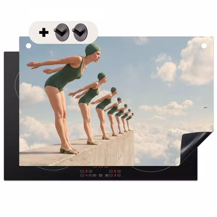 Induction Hob Cover & Splashback (2-in-1) - Women - Diving Pose - Clouds - Vrouwen - Duikhouding - Wolken Inductie beschemer met haakjes klein