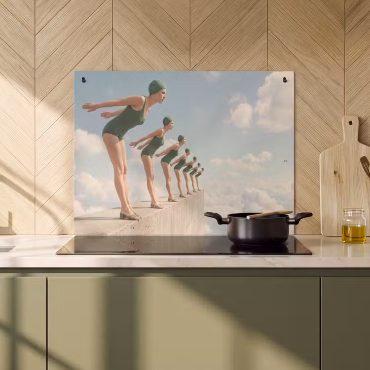 Induction Hob Cover & Splashback (2-in-1) - Women - Diving Pose - Clouds - Vrouwen - Duikhouding - Wolken Inductie beschemer met haakjes klein