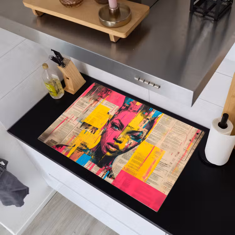 Vrouwengezicht - Krantenpapier - Abstract - Roze Inductie beschemer met haakjes klein -sfeer1