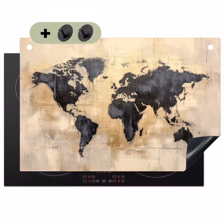 Wereldkaart - Goud - Zwart - Abstract Inductie beschemer met haakjes klein -3d
