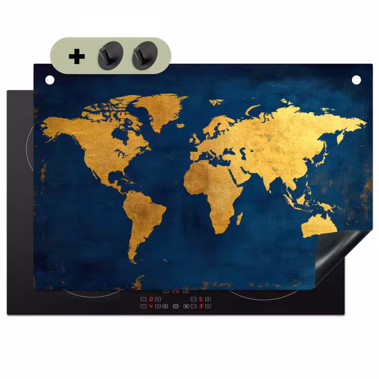 Wereldkaart - Goud - Donkerblauw Inductie beschemer met haakjes klein -3d