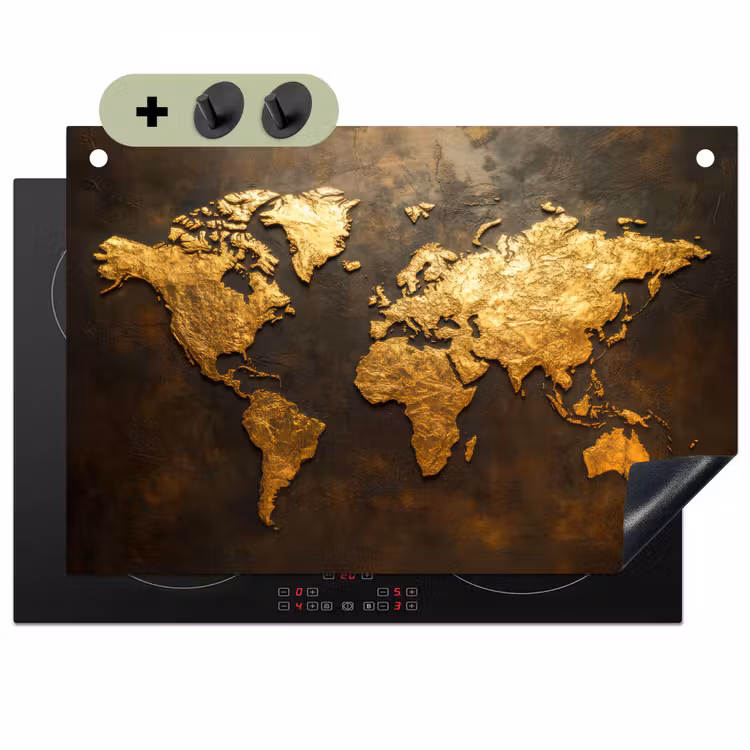 Wereldkaart - Goud - Roest Inductie beschemer met haakjes klein -3d