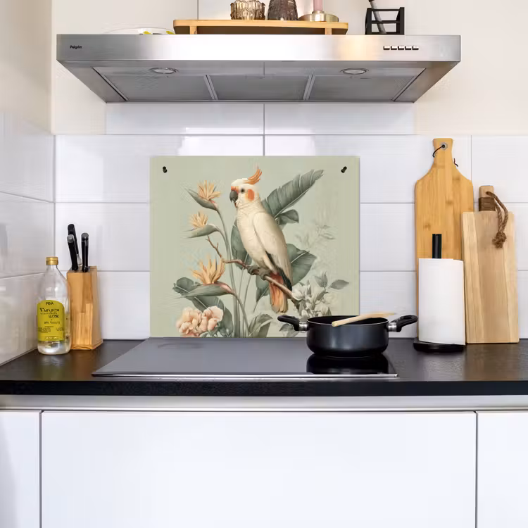 Gele kuifkaketoe - paradijsvogelbloemen - Groen Inductie beschemer met haakjes middel -sfeer2