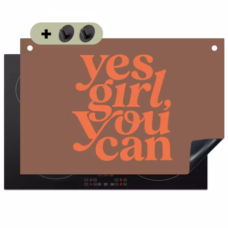 Yes girl you can - Oranje - Bruin Inductie beschemer met haakjes klein -3d
