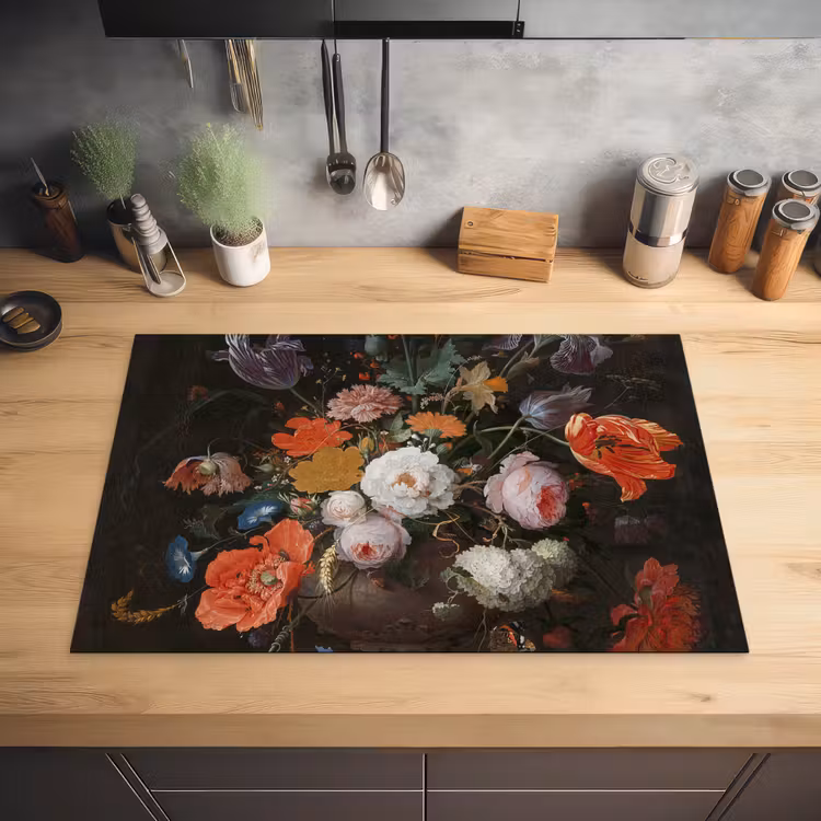 Stilleven met bloemen en een horloge - Schilderij van Abraham Mignon Inductie beschermer vinyl 3mm klein -sfeer5
