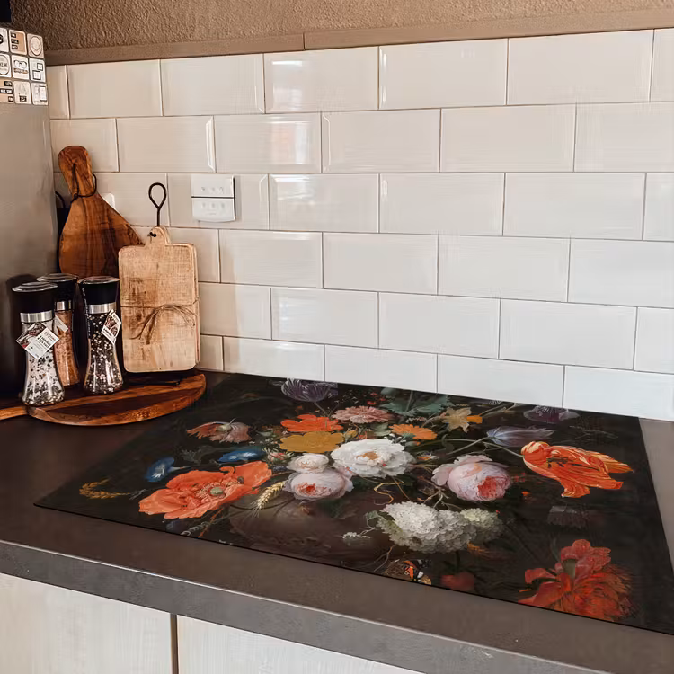 Stilleven met bloemen en een horloge - Schilderij van Abraham Mignon Inductie beschermer vinyl 3mm klein -sfeer3