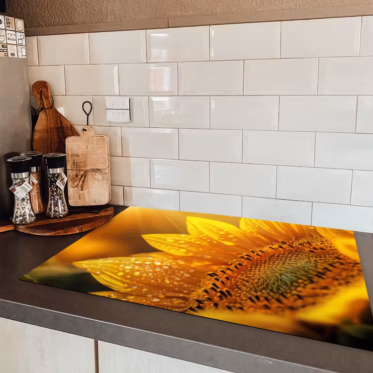 Zonnebloem - Dauwdruppels - Geel - Zonlicht Inductie beschermer vinyl 3mm klein -sfeer3