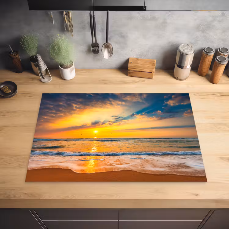 Zonsondergang - Strand - Zee - Wolken - Oranje Inductie beschermer vinyl 3mm middel -sfeer5