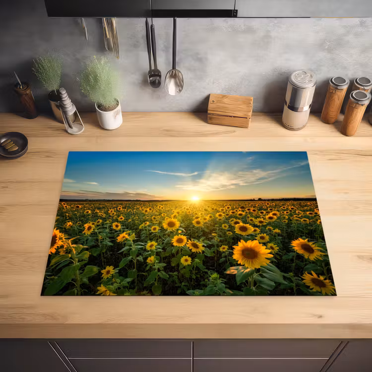 Zonsondergang - Bloemen - Zonnebloem - Horizon - Landschap Inductie beschermer vinyl 3mm middel -sfeer5