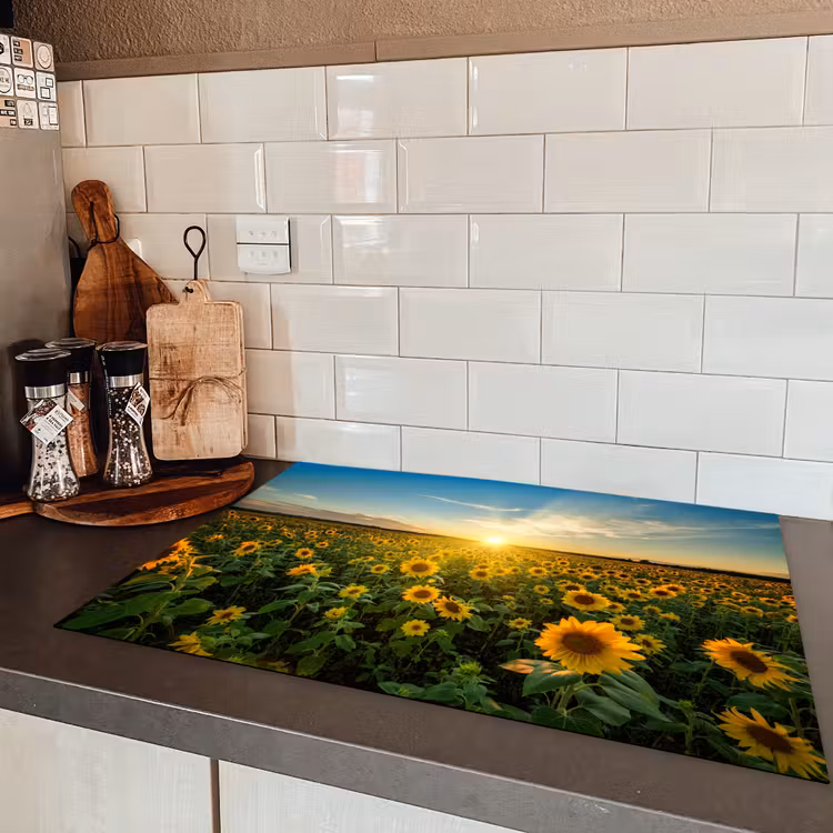 Zonsondergang - Bloemen - Zonnebloem - Horizon - Landschap Inductie beschermer vinyl 3mm middel -sfeer3