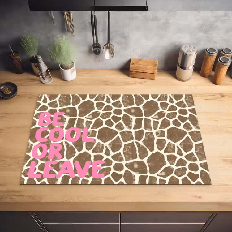 Tekst - Be cool or leave - Roze - Giraffenprint Inductie beschermer vinyl 3mm klein -sfeer5