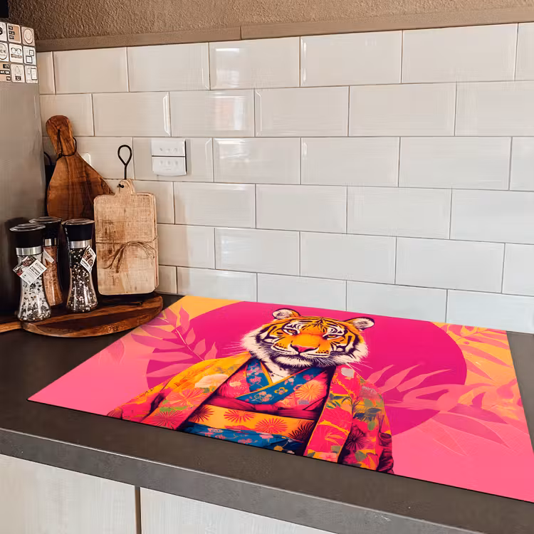 Tijger - Kimono - Planten - Roze Inductie beschermer vinyl 3mm klein -sfeer3