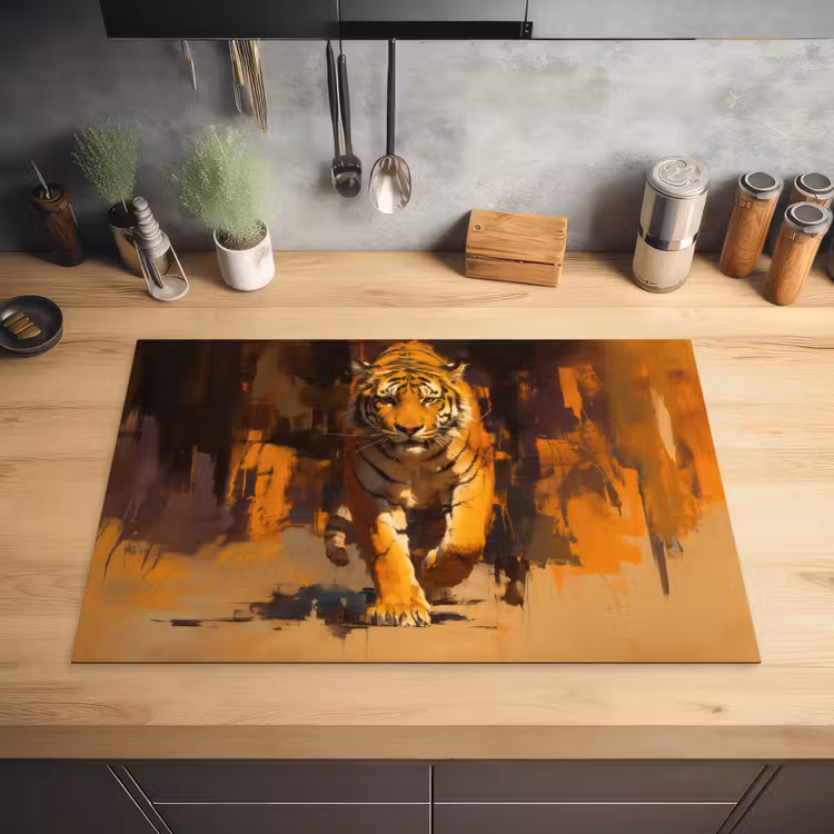 Tijger - Geschilderd - Oranje - Penseelstreken Inductie beschermer vinyl 3mm klein -sfeer5