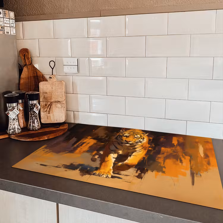 Tijger - Geschilderd - Oranje - Penseelstreken Inductie beschermer vinyl 3mm klein -sfeer3