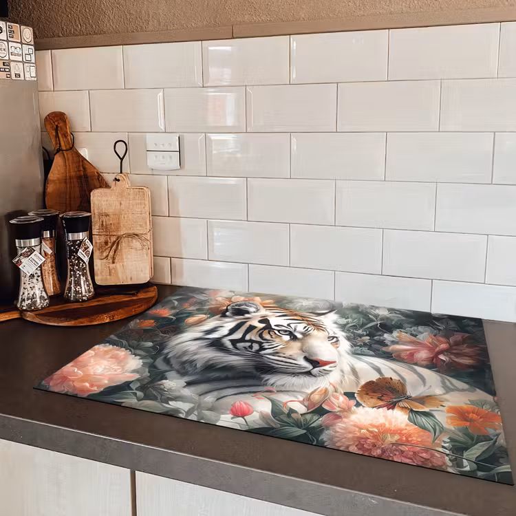 Tijger - Wilde dieren - Bloemen - Jungle Inductie beschermer vinyl 3mm middel -sfeer3