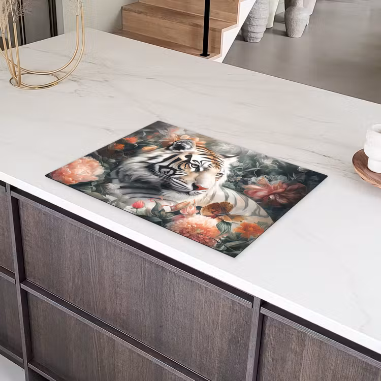 Tijger - Wilde dieren - Bloemen - Jungle Inductie beschermer vinyl 3mm middel -sfeer8