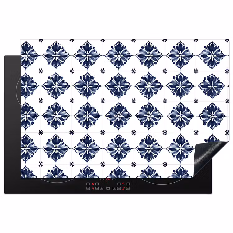Tegelmotief - Blauw - Wit - Bloem Inductie beschermer vinyl 3mm klein 276 -3d