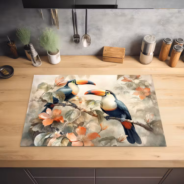 Toekan - Vogels - Bloemen - Tak Inductie beschermer vinyl 3mm middel -sfeer5
