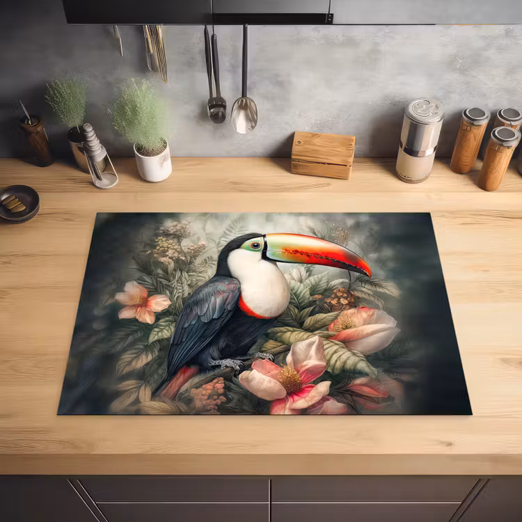 Toekan - Vogels - Bloemen - Planten - Tropisch Inductie beschermer vinyl 3mm middel -sfeer5
