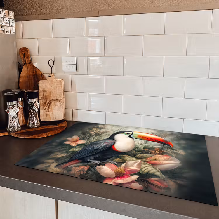 Toekan - Vogels - Bloemen - Planten - Tropisch Inductie beschermer vinyl 3mm middel -sfeer3