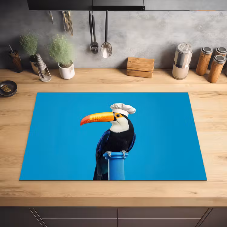 Tucan - Sokkel - Vogel - Koksmuts Inductie beschermer vinyl 3mm klein -sfeer5